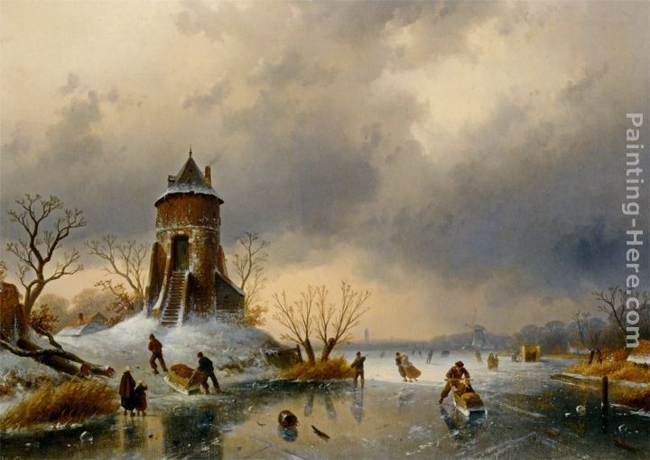 Charles Henri Joseph Leickert A Winter Landscape with Skaters on the Ice